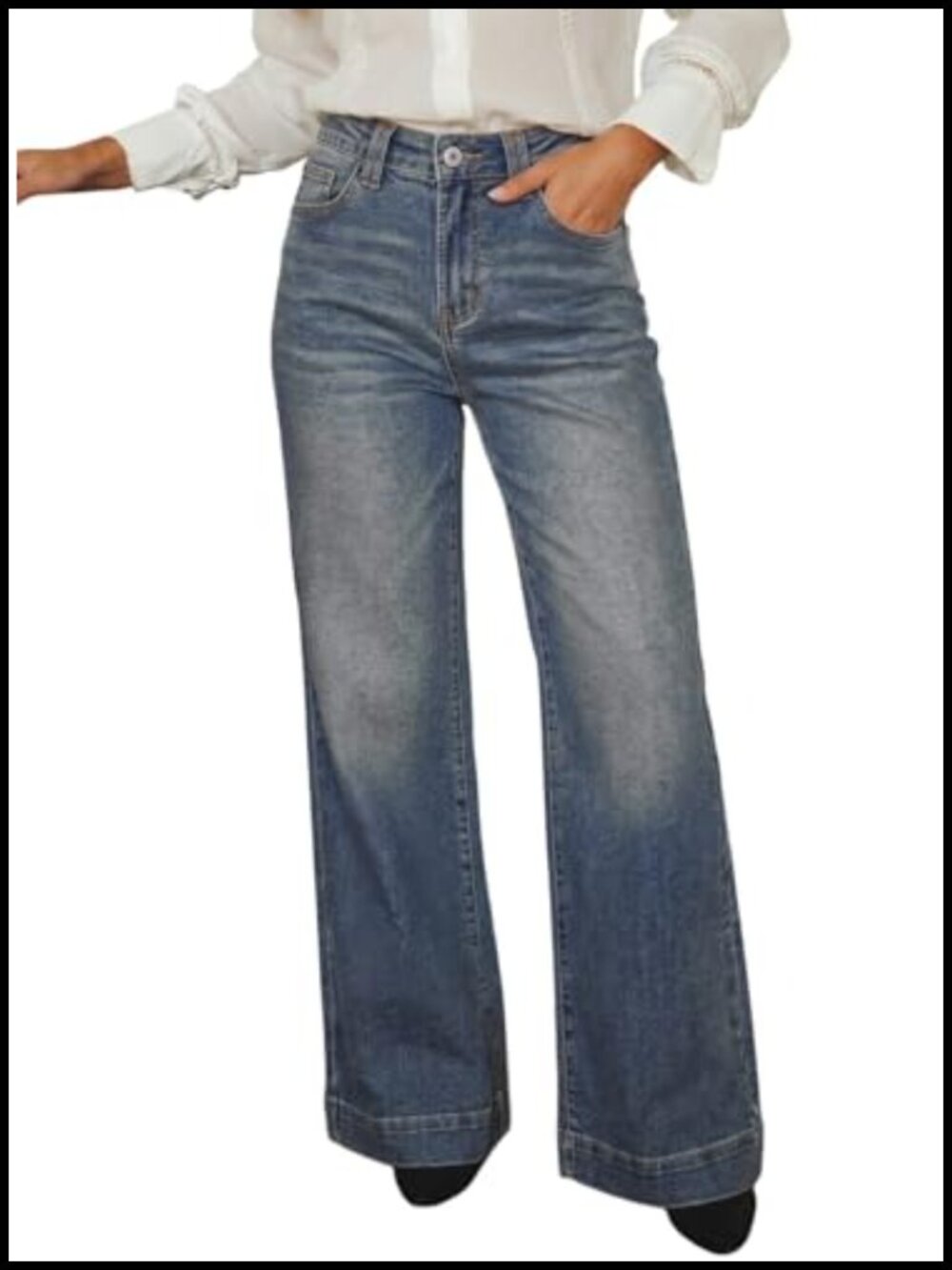 Women's Wide Leg Baggy Flare Jeans High Waisted Denim Pants Stretch Loose Fit